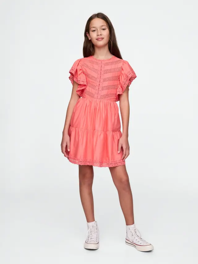 Παιδικό Δαντελένιο Tiered Ruffle Φόρεμα Fresh coral - XS