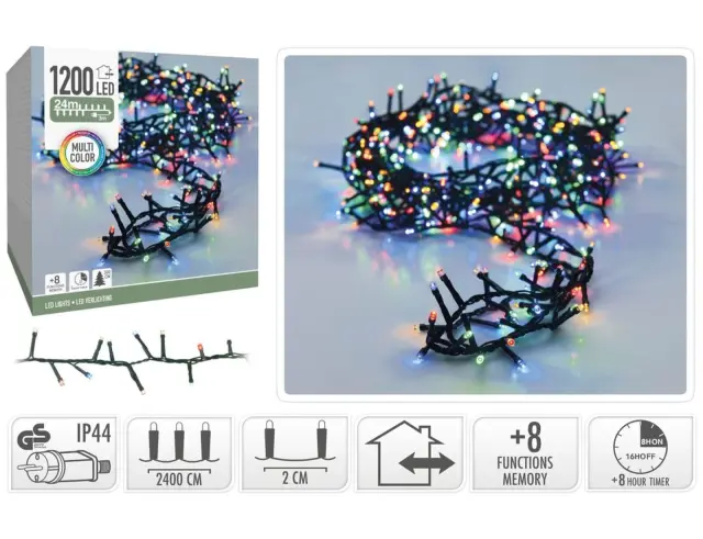 1200 Φωτάκια LED - 24 Μέτρα + 3 Μέτρα σύνδεσης , Κανονική Διάταξη, με χειριστήριο, 8 προγράμματα, Πράσινο καλώδιο PVC - Πολύχρωμο AX8560250