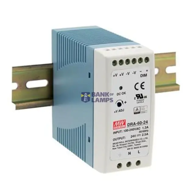 AC-DC Industrial DIN rail power supply; Output 12Vdc at 5A; Dimming 1-10Vdc PWM Resistance; plastic case 60W