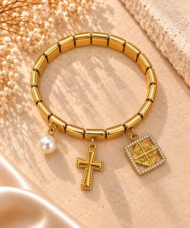 Gold Stainless Steel Bracelet with Byzantine Charm, Cross & Pearl