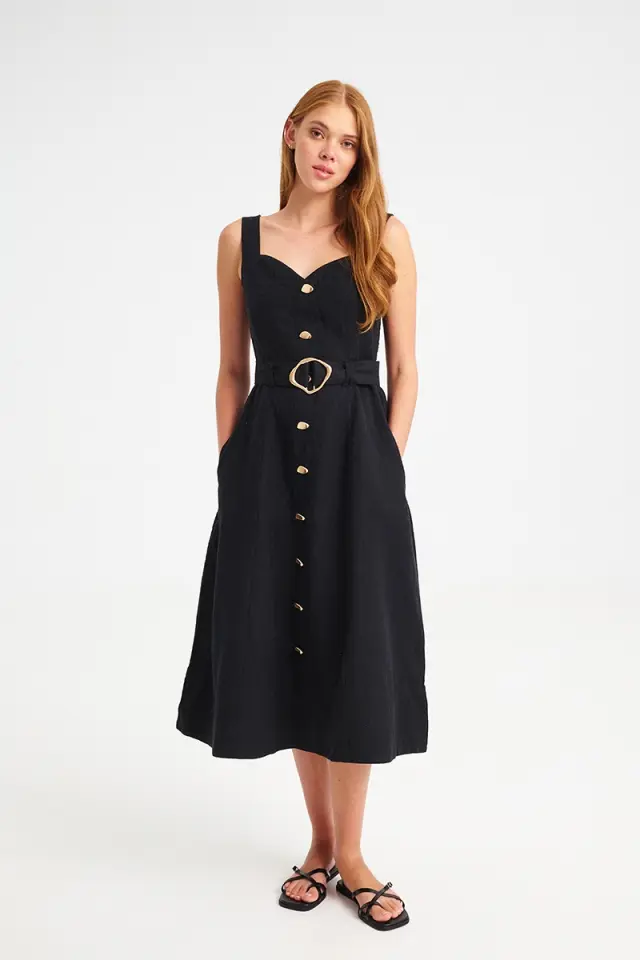 Λινό Midi Φόρεμα με Καρδιά Λαιμόκοψη DEVA DRESS - XS 3