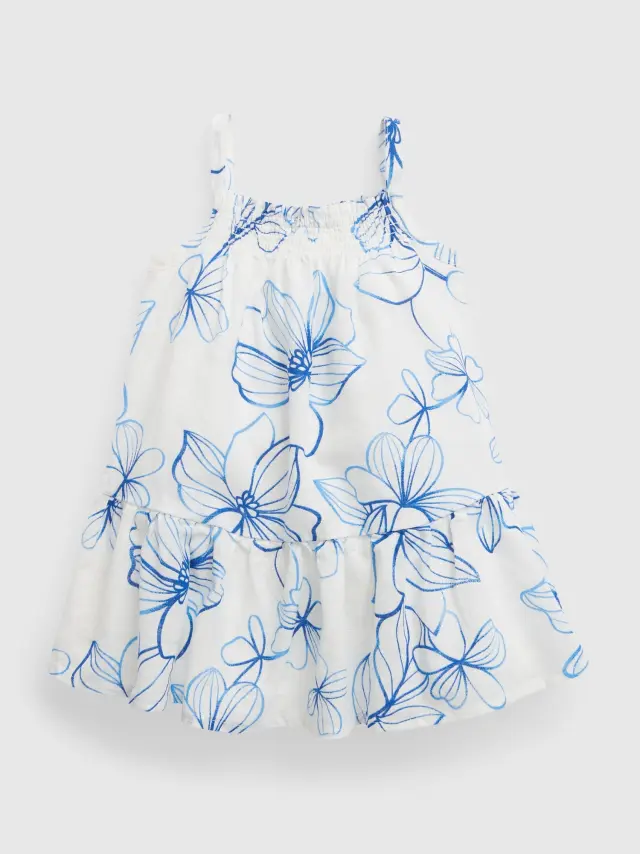 Multi Βρεφικό Λινό-Βαμβάκι Smocked Φόρεμα white blue floral - 6-12M
