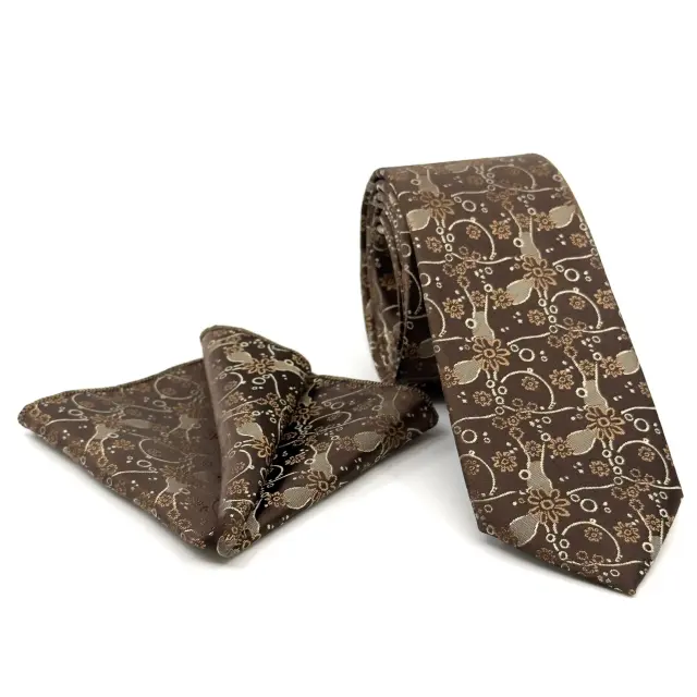 Γραβάτα Microfiber σε Καφέ Μοτίβο Σετ με Μαντηλάκι