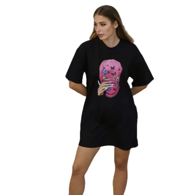 Ghetto Long Black T-shirt Balaclava Girl Stamp For Women 3