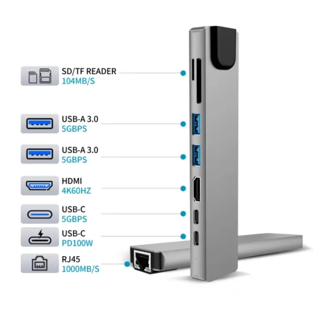 Tech-protect Hb09 Hub Adapter 8in1 Type-c + Usb-a3.0 + Usb-c3.0 + Hdmi 4k 60hz + Sd/tf + Pd100w + Rj45 1000mb/s Space Grey 3