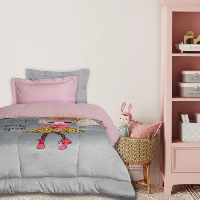 Κουβερτοπάπλωμα 160x220 Μονό 650gsm Kids Das Home 4971 Grey-Pink Fleece-Sherpa