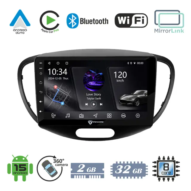 VenCore Οθόνη Multimedia Android 15 9" PX5S Octa-Core 2GB/32GB IPS με Πρόσοψη, CarPlay, Android Auto και Υποστήριξη Κάμερας 360° για Hyundai i10 2008-2014 – Μαύρη (3236-10005-0551B)