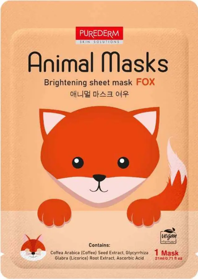 Purederm Animal Mask Fox Brightening Sheet Mask Μάσκα Προσώπου Λάμψης 21ml