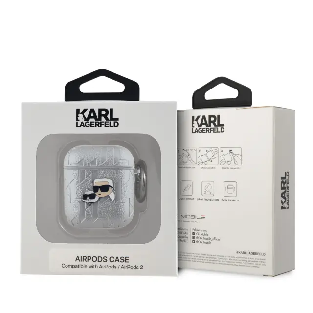 Karl Lagerfeld PU Embossed Karl and Choupette Heads Case for AirPods 1/2 Silver 3