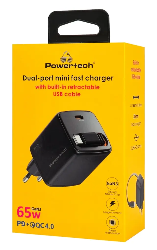 POWERTECH PT-1573 GaN3 Φορτιστής 65W με Πτυσσόμενο USB-C Καλώδιο, USB-C Θύρα, Power Delivery + Quick Charge – Μαύρος 3