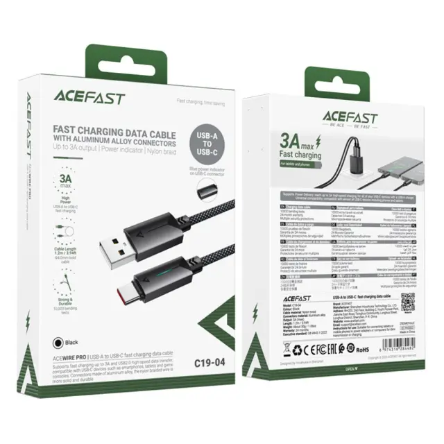 Καλώδιο Acefast C19-04 Μεταλλικό USB-A σε USB-C 3.0A Γρήγορη Φόρτιση USB2.0 με Ένδειξη Φόρτισης Braided Μαύρο 1.2m 2