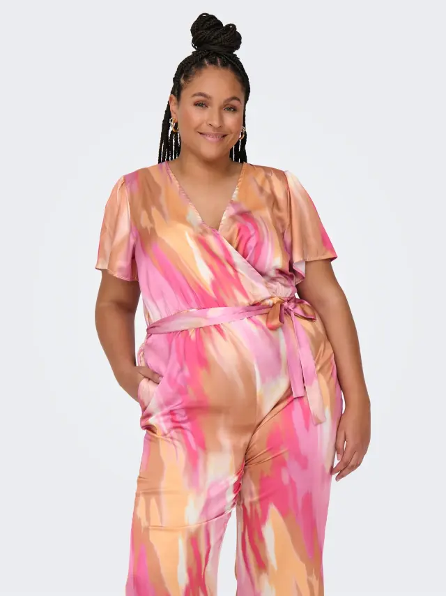 Ολόσωμη φόρμα plus size με ζώνη και εμπριμέ σχέδιο - Ρόζ - 44 3