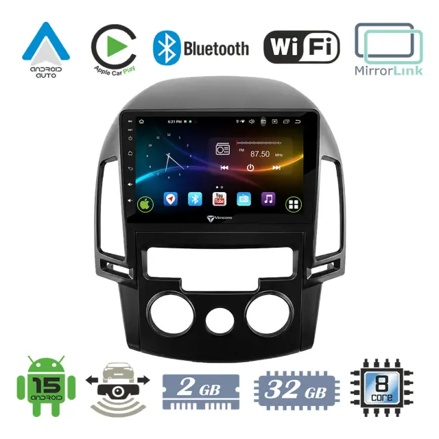 VenCore Οθόνη Multimedia Android 15 9" 9109A MTK6762 Octa-Core 2GB/32GB IPS με Πρόσοψη, CarPlay, Android Auto και Υποστήριξη Κάμερας Οπισθοπορείας AHD για Hyundai i30 2007-2012 – Μαύρη (3236-10007-0799B)