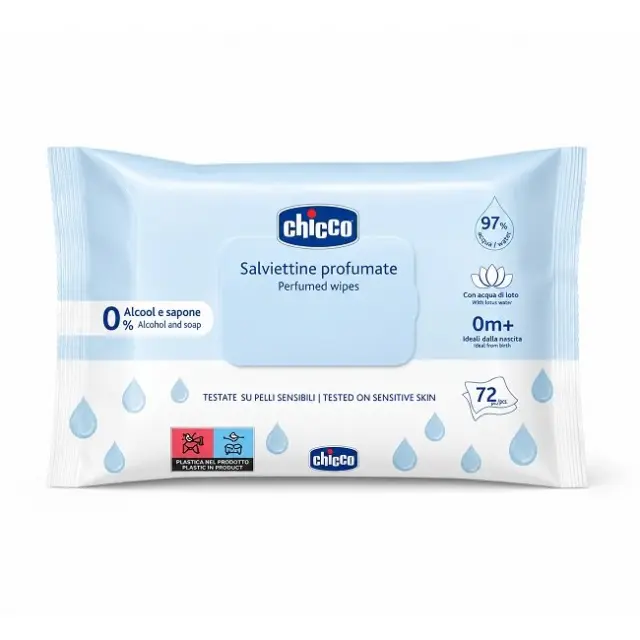Chicco Perfumed Wipes Μωρομάντηλα με 97% Νερό Χωρίς Οινόπνευμα & Σαπούνι 0m+ 72τμχ