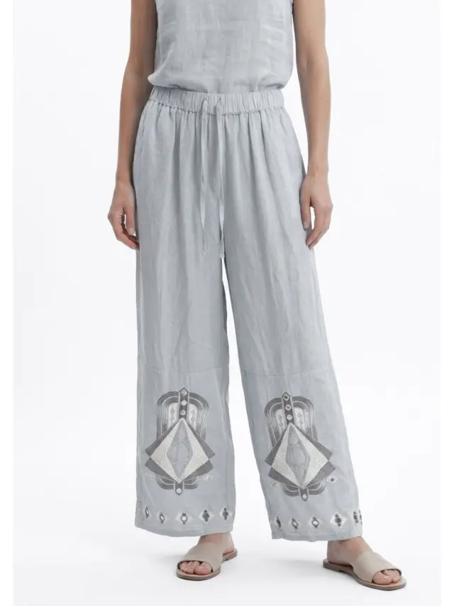 Nema Resortwear Κεντητό Παντελόνι Ramie Γκρι - L 2