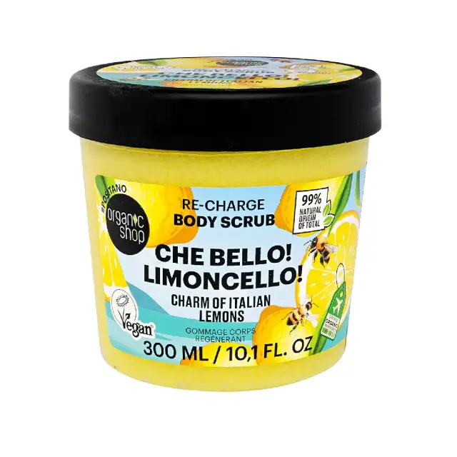 Organic Shop Re-Charge Che Bello! & Limoncello! Charm Of Italian Lemons Body Scrub 300ml Ενυδατικό Απολεπιστικό Σώματος με Έκρηξη Φυσικής Φρεσκάδας & Καλοκαιρινής Δροσιάς με Άρωμα Λεμόνι