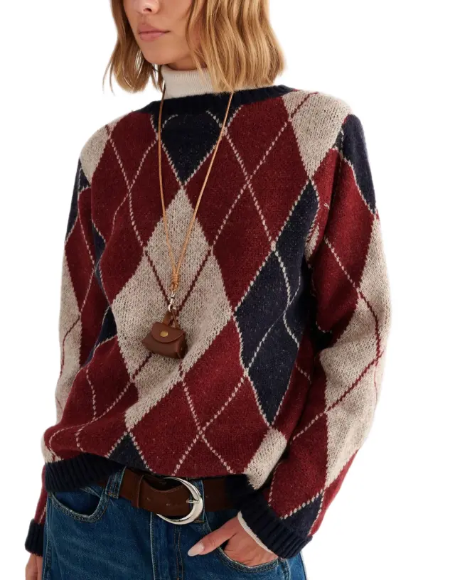 Attrattivo γυναικεία πλεκτή oversized μπλούζα με ρόμβους 9P24002-1
