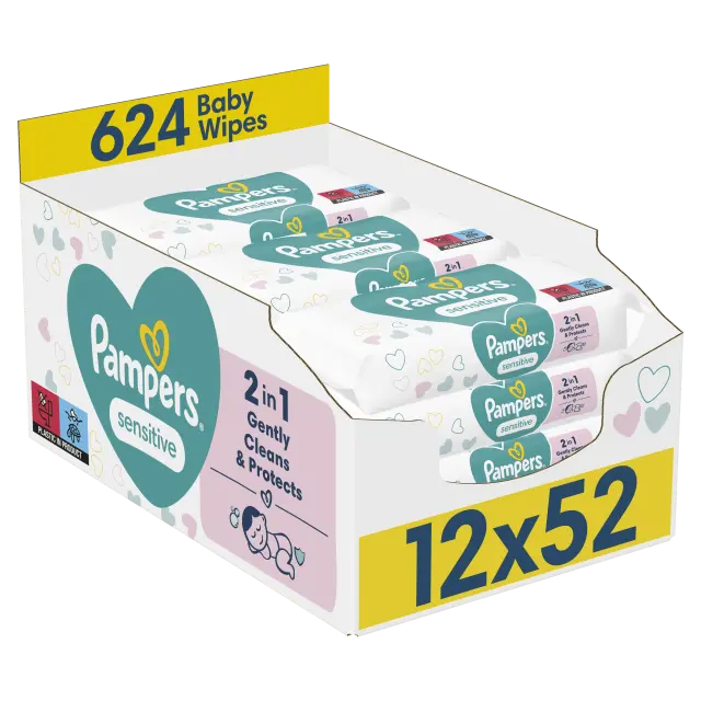 Pampers Μωρομάντηλα Sensitive χωρίς Άρωμα + Οινόπνευμα Συσκευασία με Αυτοκόλλητο 12x52τμχ