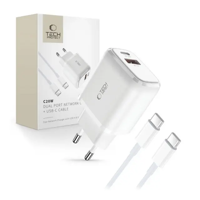Tech-Protect Φορτιστής C20W USB-C PD 20W / USB-A QC 3.0 with USB-C Cable White