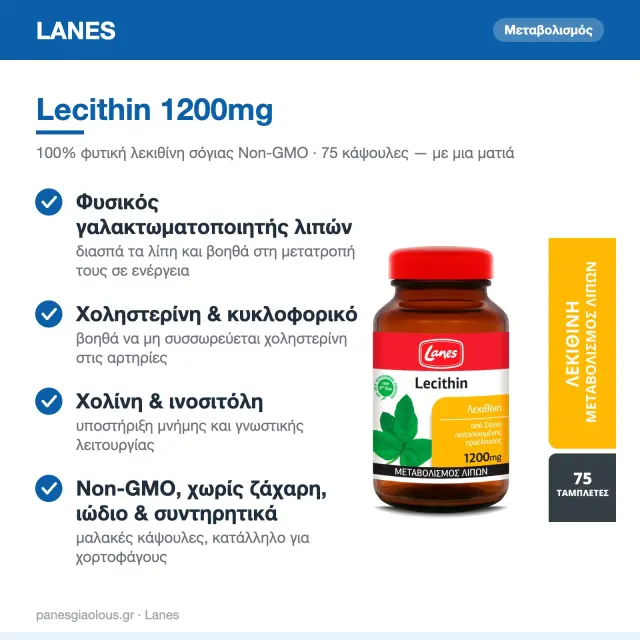 Lanes Lecithin 1200mg Συμπλήρωμα Διατροφής Με Λεκιθίνη 75 Κάψουλες 2