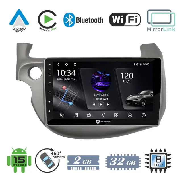 VenCore Οθόνη Multimedia Android 15 10.1" PX5S Octa-Core 2GB/32GB IPS με Πρόσοψη, CarPlay, Android Auto και Υποστήριξη Κάμερας 360° για Honda Jazz 2009-2013 – Ασημί (3236-10006-0197S)