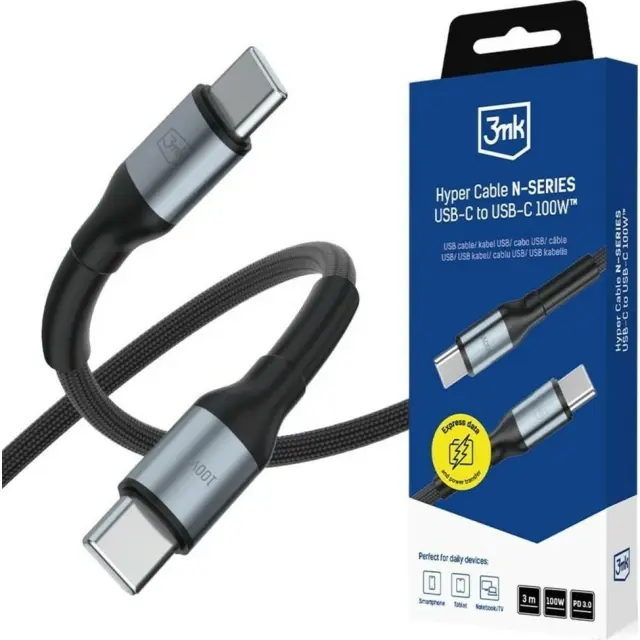 3mk® -USB 2.0 Cable USB-C male USB-C 100W PD Μαύρο /3m.