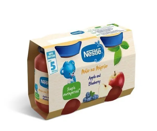 Nestlé Παιδική Τροφή Μήλο & Μύρτιλο Βρεφικός Πολτός Φρούτων 2x125gr