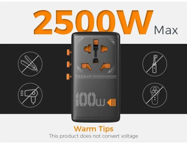 Αντάπτορας Ταξιδίου/Φορτιστής TESSAN (TS-WTA04) - 100W - 2x USB-C + 2x USB-A - ΜαύροTS-WTA04 3