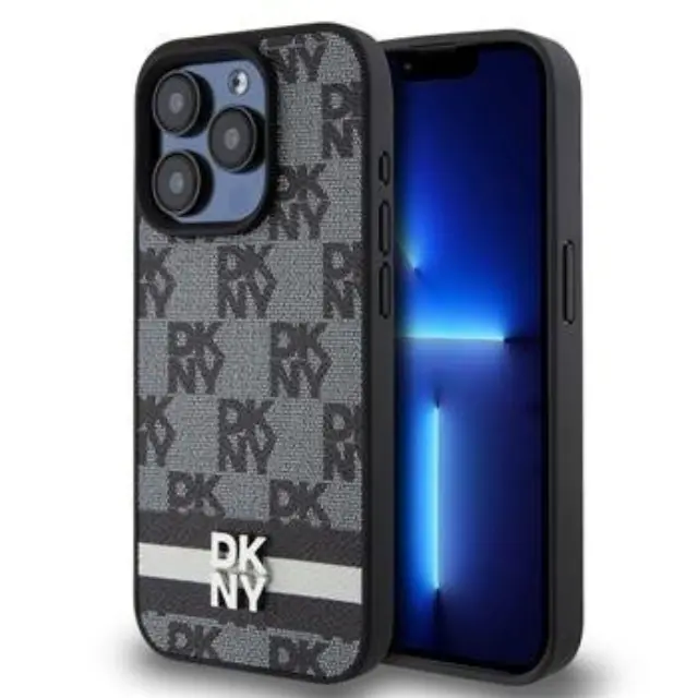 DKNY PU Leather Checkered Pattern and Stripe Case for iPhone 14 Pro Black
