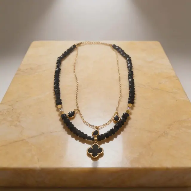 Handmade Necklace with Black Crystals & Clover Charm