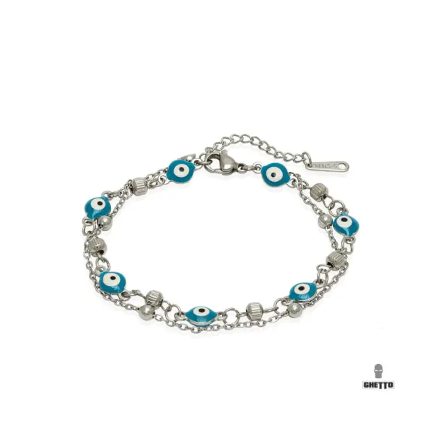 Ghetto Greek Eyes Double Layer Bracelet SS Adjustable Light Blue
