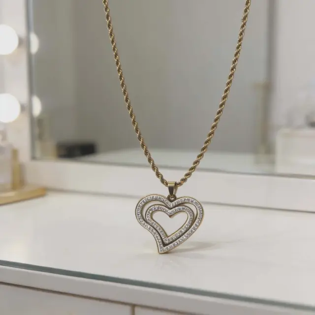 Gold Double Heart Necklace with Enamel & Crystal Details