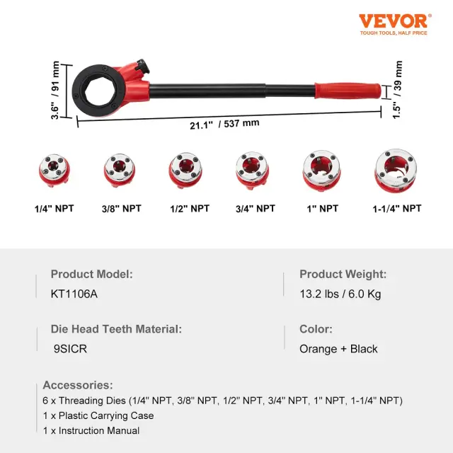 Σετ Σπειροτόμος Σωλήνων Καστάνιας VEVOR NPT 1/4" έως 1-1/4" σε Βαλίτσα 3