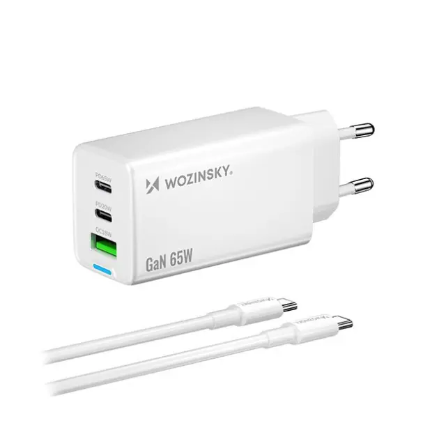 Wozinsky Φορτιστής GaN 65W 1x USB-A 2x USB-C with 65W USB-C Cable - White