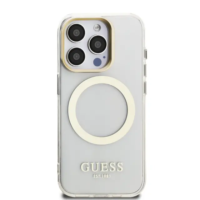 Guess IML Gold Outline Stand Camera Frame MagSafe Case for iPhone 15 Pro Transparent 3