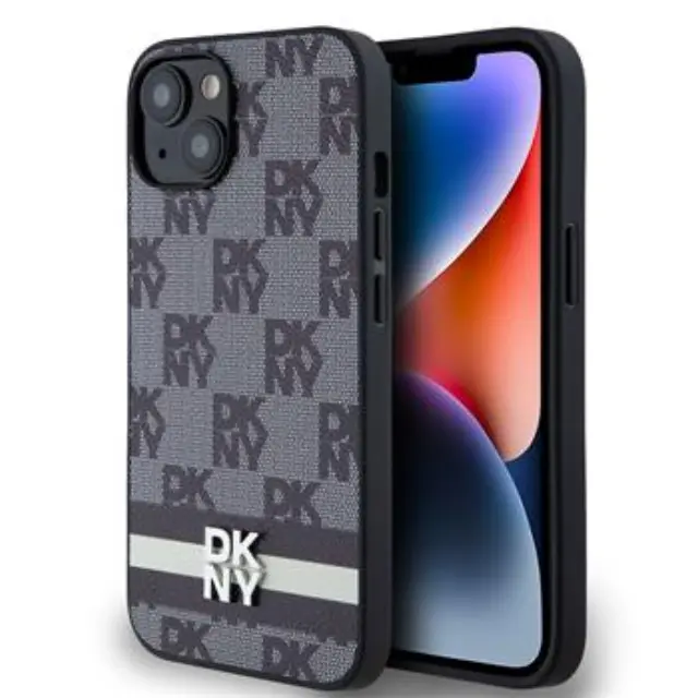 DKNY PU Leather Checkered Pattern and Stripe Case for iPhone 14 Black