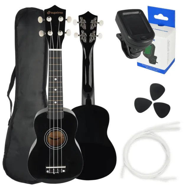 SUPRIMO UK21 SET BK soprano ukulele 21" black wooden cover 3 picks spare strings tuner set for children learning to play