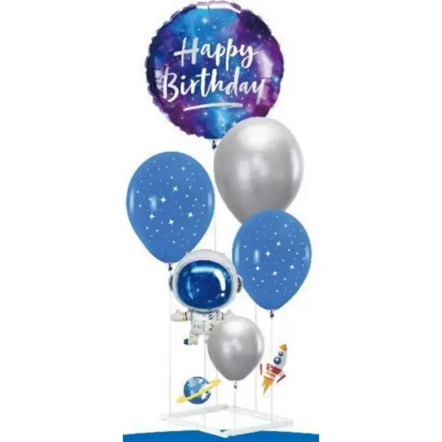 Σύνθεση 6τμχ μπαλόνια Happy Birthday Αστροναύτης με βάση στήριξης