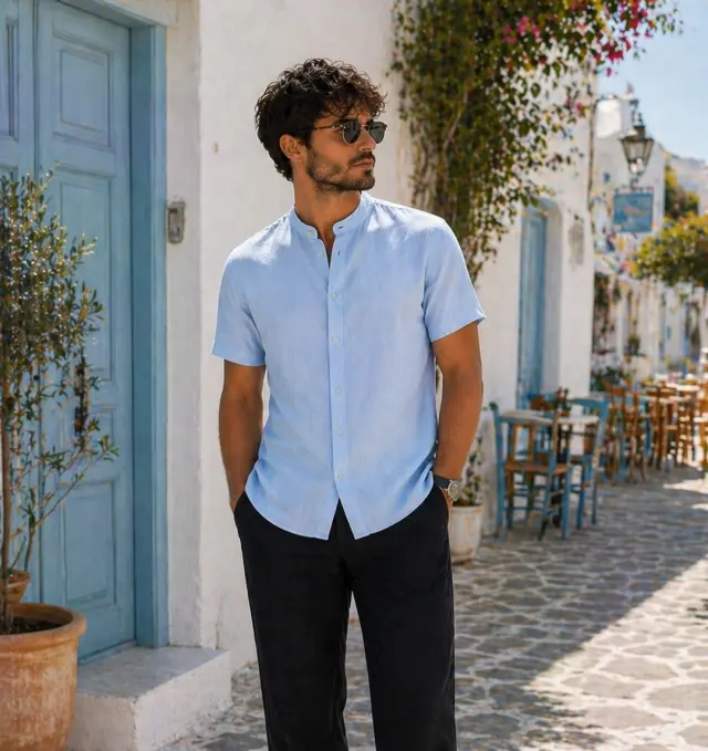 Λινό Πουκάμισο Mao Noshame® Σιελ - 382604 - XXL
