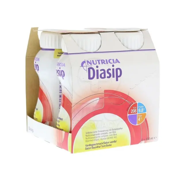 Nutricia Diasip Vanilla, Θρεπτικό Συμπλήρωμα Διατροφής για Διαβητικούς Ασθενείς με Υπεργλυκαιμία, Γεύση Βανίλια 4x200ml