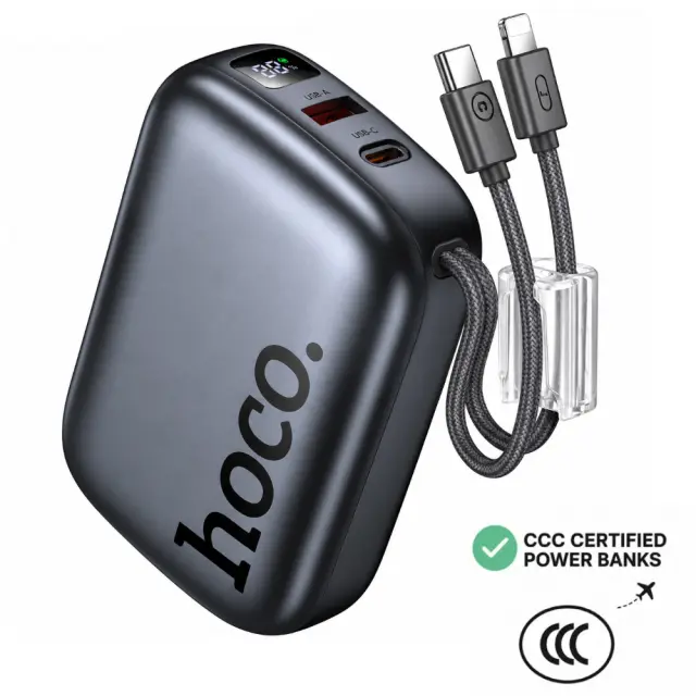 Power Bank Hoco Q55 Rock Mini 20000mAh PD20W QC USB-C USB-A και Ενσωματωμένα Καλώδια USB-C Lighting LED Γκρι με Πιστοποίηση CCC