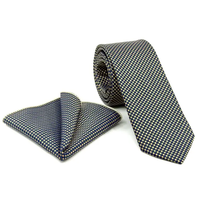 Μπλε Πουά Γραβάτα Σετ με Μαντήλι 7,5 cm Modern Fit