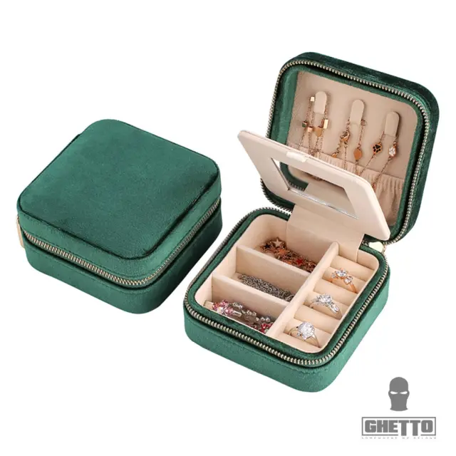 Ghetto Velvet Portable Jewelry Organizer Box with Mirror | Travel Storage Case for Rings, Earrings + Necklaces Green