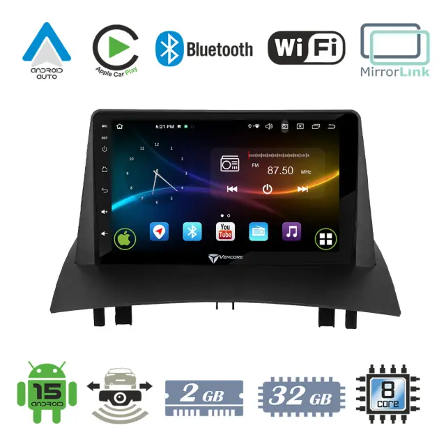 VenCore Οθόνη Multimedia Android 15 9" 9109A MTK6762 Octa-Core 2GB/32GB IPS με Πρόσοψη, CarPlay, Android Auto και Υποστήριξη Κάμερας Οπισθοπορείας AHD για Renault Megane 2 2002-2008 – Μαύρη (3236-10007-0717B)