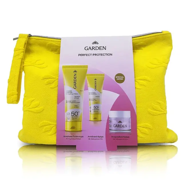 Garden Perfect Protection Bag Σετ με Αντηλιακό Γαλάκτωμα Πρόσωπο & Σώμα SPF50, 75ml & Αντηλιακή Κρέμα Προσώπου SPF50+, 25ml & Αντιρυτιδική Κρέμα με Υαλουρονικό Οξύ για πρόσωπο και μάτια, 50ml & Μεγάλο Πετσετέ Νεσεσέρ