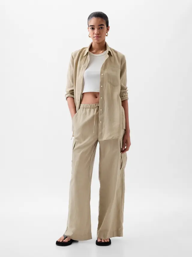 Μπεζ Λινό-Βαμβάκι Pull-On Cargo Παντελόνι iconic khaki tan