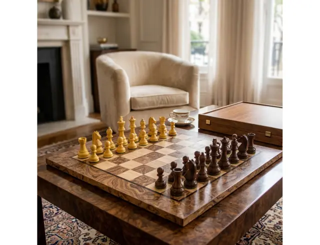 Σετ Χειροποίητο Σκάκι Wooden Chess Manopoulos από Ξύλο, με πιόνια Staunton, θήκη αποθήκευσης και διαστάσεις 50x50cm - Walnut BurlSW43B50J