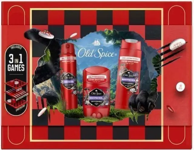 Old Spice Xmas Promo Nightpanther Αποσμητικό Στικ 50ml, Αφρόλουτρο & Σαμπουάν 250ml, Αποσμητικό Σπρέι 150ml & Δώρο Κουτί Παιχνιδιών 3 σε 1 1 τεμ.
