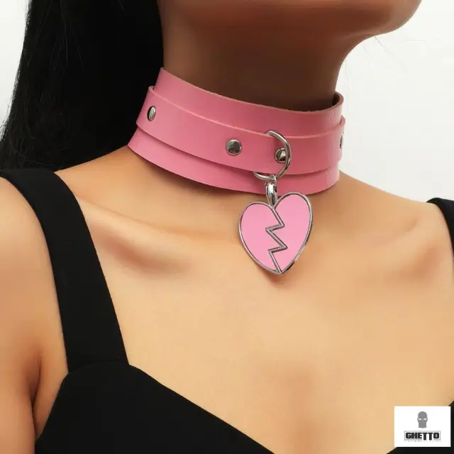 Ghetto Punk Pink Leather Broken Heart Gothic Choker Colar 2