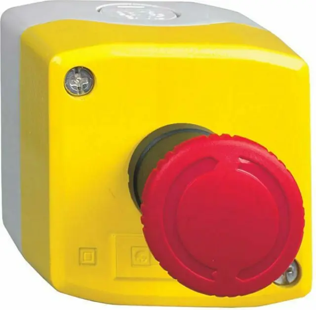 Harmony XALD, XALK, Control station, plastic, yellow lid, 1 red mushroom push button Ø40, turn to release, 1 NC